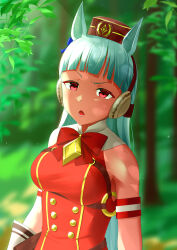 Rule 34 | 1girl, animal ears, ao komhur, bare shoulders, blurry, blurry background, bow, breasts, brown headwear, commentary request, dress, gloves, gold ship (umamusume), grey hair, highres, horse ears, horse girl, large breasts, long hair, looking at viewer, open mouth, outdoors, pillbox hat, pouch, red bow, red dress, red eyes, shirt, sleeveless, sleeveless shirt, solo, umamusume, v-shaped eyebrows, white gloves