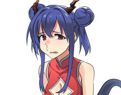 Rule 34 | 1girl, arknights, bare shoulders, blue hair, blush, breasts, ch&#039;en (ageless afterglow) (arknights), ch&#039;en (arknights), china dress, chinese clothes, cleavage, cleavage cutout, clothing cutout, double bun, dragon girl, dragon horns, dragon tail, dress, hair between eyes, hair bun, horns, liang chan xing make tu, looking at viewer, medium breasts, nose blush, open mouth, parted lips, red dress, red eyes, sidelocks, simple background, sleeveless, sleeveless dress, slit pupils, sneezing, solo, tail, tears, unhappy, white background