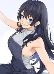 Rule 34 | 1girl, armpits, black hair, blue eyes, blue overalls, blush, breasts, colored inner hair, hair intakes, highres, hololive, hololive english, large breasts, looking at viewer, multicolored hair, nokaa aru, ouro kronii, overalls, shirt, sideboob, suspenders, virtual youtuber, white shirt