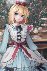 Rule 34 | 1girl, alice margatroid, alternate costume, black bow, blonde hair, blue dress, blue eyes, blush, bow, closed mouth, dress, flower, fork, frilled dress, frilled sleeves, frills, hair between eyes, highres, knife, long sleeves, looking at viewer, red flower, red rose, rose, shironeko yuuki, short hair, smile, solo, spoon, touhou