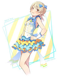 Rule 34 | 1girl, :d, bare shoulders, blue bow, blush, bow, breasts, brown eyes, brown hair, collared shirt, cropped legs, diagonal stripes, hair bow, hands on own hips, idolmaster, idolmaster cinderella girls, jewelry, layered skirt, long hair, looking at viewer, morikubo nono, open mouth, pleated skirt, revision, ring, shirt, skirt, sleeveless, sleeveless shirt, small breasts, smile, solo, striped, striped background, striped bow, sweat, uccow, white background, white shirt, wrist cuffs, yellow skirt