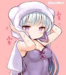 Rule 34 | 1girl, bad id, bad pixiv id, blue hair, breasts, camisole, covered erect nipples, hair down, haku (p&amp;d), looking at viewer, mashiro miru, multicolored hair, pink background, purple eyes, purple hair, puzzle &amp; dragons, small breasts, solo, tight clothes, towel, towel on head, twitter username, two-tone hair, wet
