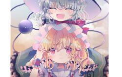 Rule 34 | 2girls, ascot, bat wings, black hat, blonde hair, blouse, bow, buttons, closed eyes, crystal, diamond button, eyeball, flandre scarlet, frilled shirt collar, frilled sleeves, frills, green hair, hat, hat bow, hat ribbon, heart, heart of string, hiyuu (hiyualice), komeiji koishi, mob cap, multicolored wings, multiple girls, one side up, open mouth, puffy short sleeves, puffy sleeves, red eyes, red skirt, red vest, ribbon, shirt, short sleeves, side ponytail, skirt, skirt set, teeth, third eye, touhou, upper teeth only, vest, white background, white hat, wide sleeves, wings, yellow ascot, yellow bow, yellow ribbon, yellow shirt