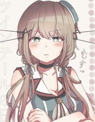 Rule 34 | 1girl, absurdres, alternate hairstyle, aqua eyes, aqua hat, beret, blush, breasts, brown hair, cleavage, closed mouth, collarbone, crossed arms, hair between eyes, hair ornament, hat, headgear, highres, kantai collection, kintamaani sanagi, large breasts, long hair, looking at viewer, maya (kancolle), maya kai ni (kancolle), solo, twintails, twintails day, uniform, upper body, x hair ornament