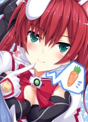 Rule 34 | 10s, 1girl, animal ears, blush, breasts, carrot, cave (neptunia), choujigen game neptune mk2, cleavage, female focus, finger to mouth, food, green eyes, large breasts, neptune (series), rabbit ears, red hair, smile, solo, ysnonnon