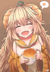 Rule 34 | 1girl, :d, absurdres, blonde hair, blush, closed eyes, collarbone, cup, fang, food, food-themed hair ornament, food on face, girls&#039; frontline, hair ornament, hairclip, heart, highres, hiromaster sinta jh, holding, long hair, mug, neckerchief, off shoulder, official alternate costume, open mouth, pumpkin hair ornament, s.a.t.8 (girls&#039; frontline), s.a.t.8 (pumpkin skewers) (girls&#039; frontline), sailor collar, signature, sketch, smile, solo, speech bubble, spoken heart, very long hair