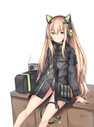 Rule 34 | 1girl, absurdres, animal ear headphones, animal ears, arm support, black jacket, black leotard, blonde hair, blush, bow, cat ear headphones, cat ears, cat tail, character name, closed mouth, fake animal ears, girls&#039; frontline, green bow, hair between eyes, headphones, highres, jacket, leotard, leotard under clothes, long hair, long sleeves, radio, ruins, sitting, sob (submar1089), solo, tail, tail bow, tail ornament, tmp (girls&#039; frontline), very long hair, white background