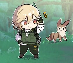 Rule 34 | 1boy, :3, arm up, backpack, bag, blonde hair, boots, brown footwear, chibi, closed mouth, commentary, day, english commentary, feather hair ornament, feathers, flower, fox, game screenshot background, genshin impact, gloves, grass, green bag, green gloves, green pants, green vest, hair between eyes, hair ornament, hand on own hip, highres, jungle, kaveh (discovery) (genshin impact), kaveh (genshin impact), long sleeves, looking back, male focus, moss, nature, notice lines, official alternate costume, ooyun, outdoors, outline, pants, partially fingerless gloves, plant, red eyes, rock, shirt, sidelocks, smile, solo, standing, tree, vest, vines, white flower, white outline, white shirt