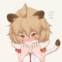 Rule 34 | 10s, 1girl, animal ears, blonde hair, blush, breast pocket, collared shirt, commentary request, covering face, embarrassed, flying sweatdrops, fur collar, kemono friends, lion (kemono friends), lion ears, lion tail, mugisepa, necktie, nose blush, plaid trim, pocket, shirt, short hair, short sleeves, shy, solo, t-shirt, tail, upper body