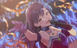 Rule 34 | 1girl, arm guards, armpits, bare shoulders, blue choker, blue gloves, blue hair, blurry, blurry background, blush, brown eyes, choker, collarbone, confetti, earrings, flat chest, gem, gloves, glowstick, holding, holding microphone, idolmaster, idolmaster (classic), idolmaster million live!, idolmaster million live! theater days, jewelry, kisaragi chihaya, kuzuya ramurin, long hair, looking at viewer, microphone, necklace, open mouth, pearl (gemstone), reaching, reaching towards viewer, smile, solo, stage