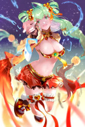 Rule 34 | braid, breasts, broken, broken chain, chain, commentary request, gradient background, green eyes, green hair, houchi shoujo, large breasts, lock, long hair, mori yutaka, narrow waist, navel, open mouth, pointing, pointing at viewer, red ribbon, red skirt, ribbon, skirt, teihou (houchi shoujo), twin braids