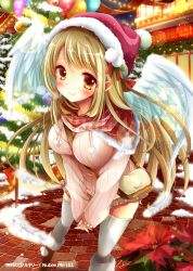 Rule 34 | 1girl, angel wings, bag, between breasts, blonde hair, blush, boots, breasts, christmas lights, christmas ornaments, christmas tree, cleavage, company name, handbag, hat, knee boots, large breasts, long hair, long sleeves, picpicgram, red hat, santa hat, shinkai no valkyrie, smile, solo, strap between breasts, sweater, thighhighs, white thighhighs, wings, yellow eyes