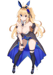 Rule 34 | 1girl, absurdres, ahoge, animal ears, black dress, black headband, black socks, blonde hair, blue eyes, breasts, cleavage, closed mouth, commentary request, commission, curio (curiofinity), detached collar, detached sleeves, dress, fake animal ears, full body, gluteal fold, gold trim, hair ornament, headband, heterochromia, highleg, highleg leotard, highres, indie virtual youtuber, large breasts, leaning forward, legs apart, leotard, long hair, looking at viewer, playboy bunny, purple nails, simple background, skeb commission, smile, socks, solo, split mouth, thighs, virtual youtuber, white background, wrist cuffs, yellow eyes
