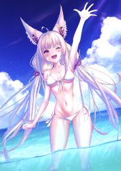 Rule 34 | 1girl, ;d, absurdres, animal ears, arm up, bikini, breasts, breasts apart, chest jewel, cloud, ear covers, facial mark, hakusai (hksicabb), highres, long hair, low twintails, medium breasts, nia (blade) (xenoblade), nia (xenoblade), ocean, one eye closed, open mouth, side-tie bikini bottom, silver hair, smile, spoilers, swimsuit, thighs, twintails, very long hair, water, white bikini, xenoblade chronicles (series), xenoblade chronicles 2