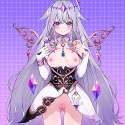 Rule 34 | 1girl, adapted costume, breasts, circlet, colored inner hair, dress, grey hair, highres, hololive, hololive english, jewel under eye, koseki bijou, koseki bijou (1st costume), long hair, looking at viewer, multicolored hair, nipples, open mouth, petite, purple eyes, pussy, small breasts, smile, solo, topless, virtual youtuber, waterring, white dress