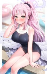 Rule 34 | 1girl, :t, blue archive, blush, breasts, collarbone, feathered wings, feet out of frame, hair ornament, hair scrunchie, halo, large breasts, looking at viewer, matsunashi noe, mika (blue archive), pink hair, ponytail, pool, poolside, scrunchie, sidelocks, sitting, solo, trinity general school swimsuit, white wings, wings