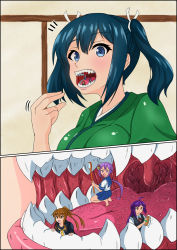 Rule 34 | 10s, 4girls, absurdres, ahoge, akebono (kancolle), barefoot, black border, blue eyes, blue hair, blush, border, breasts, brown eyes, brown hair, cleaning, close-up, closed mouth, comic, fangs, fumizuki (kancolle), giant, giantess, hagikaze (kancolle), highres, inside creature, kantai collection, large breasts, long hair, looking at viewer, matching hair/eyes, medium hair, motion lines, multiple girls, notice lines, open mouth, outside border, ponytail, purple hair, saliva, saliva trail, sharp teeth, side ponytail, smile, souryuu (kancolle), squatting, teeth, tongue, tsubasha, tsurime, twintails, uvula
