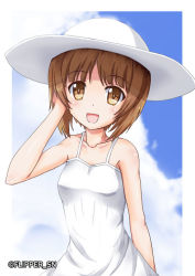 Rule 34 | 1girl, blue sky, brown eyes, brown hair, casual, cloud, cloudy sky, commentary, day, dress, flipper, girls und panzer, hand in own hair, hat, looking at viewer, nishizumi miho, one-hour drawing challenge, open mouth, outdoors, outside border, short hair, sky, smile, solo, spaghetti strap, standing, sun hat, sundress, twitter username, white dress, white hat