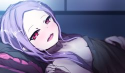 Rule 34 | 1girl, :d, bad id, bad pixiv id, bed sheet, blush, breasts, cleavage, collarbone, fate/grand order, fate (series), forehead, long hair, looking at viewer, looking to the side, lying, naked sheet, on back, open mouth, parted bangs, pillow, purple eyes, purple hair, sketch, small breasts, smile, solo, teeth, under covers, upper teeth only, wada kazu, wu zetian (fate)