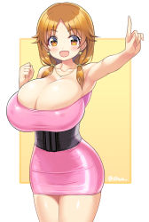 Rule 34 | 1girl, belt, black belt, blush, breasts, brown eyes, brown hair, cleavage, clenched hand, dress, earrings, huge breasts, idolmaster, idolmaster cinderella girls, jewelry, katagiri sanae, latex, latex dress, looking at viewer, low twintails, medium hair, necklace, pink dress, pointing, shiny skin, shuz (dodidu), simple background, skindentation, smile, solo, tareme, thick thighs, thighs, twintails, twitter username, white background, yellow background