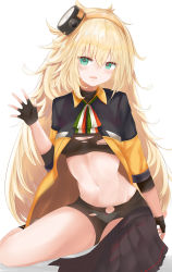 Rule 34 | 1girl, absurdres, bike shorts, black gloves, black shorts, black skirt, blonde hair, blush, bow, bow panties, breasts, crop top, fang, fingerless gloves, girls&#039; frontline, gloves, green eyes, hair between eyes, hairband, heart, heart-shaped pupils, highres, long hair, looking at viewer, medium breasts, midriff, navel, open mouth, orange hairband, panties, panties under bike shorts, pink bow, pleated skirt, ru zhai, s.a.t.8 (girls&#039; frontline), shorts, simple background, sitting, skirt, skirt around one leg, solo, stomach, symbol-shaped pupils, torn clothes, torn shorts, underwear, very long hair, white background, white panties