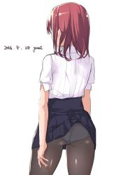 Rule 34 | 1girl, accidental exposure, clothes lift, dated, from behind, garnet, highres, long hair, original, panties, panties under pantyhose, pantyhose, red hair, signature, simple background, skirt, skirt caught on object, skirt lift, solo, underwear, wardrobe malfunction