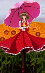 Rule 34 | 1girl, absurdres, ascot, black pantyhose, breasts, clothes lift, collared shirt, day, field, flower, flower field, frilled skirt, frills, full body, garden of the sun, green hair, grey sky, highres, holding, holding umbrella, kazami yuuka, long skirt, long sleeves, looking at viewer, medium breasts, mikepo, open clothes, open vest, pantyhose, parasol, plaid, plaid skirt, plaid vest, red eyes, red footwear, red lips, red skirt, red vest, shirt, shoes, short hair, skirt, skirt lift, skirt set, sky, smile, solo, touhou, umbrella, vest, walking, wavy hair, white shirt, wind