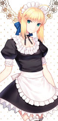 Rule 34 | 1girl, ahoge, alternate costume, apron, artoria pendragon (all), artoria pendragon (fate), black dress, black ribbon, blonde hair, blue bow, bow, breasts, choker, cleavage, closed mouth, cowboy shot, dress, enmaided, fate/stay night, fate (series), frilled choker, frilled dress, frilled thighhighs, frills, green eyes, hair bow, head tilt, karinzero, looking at viewer, maid, maid apron, maid headdress, puffy short sleeves, puffy sleeves, ribbon, ribbon-trimmed legwear, ribbon trim, saber (fate), short hair, short sleeves, sidelocks, small breasts, smile, solo, standing, thighhighs, waist apron, white apron, white thighhighs, zettai ryouiki