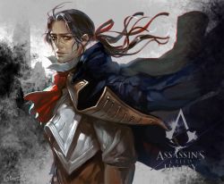 Rule 34 | 1boy, arno dorian, assassin&#039;s creed: unity, assassin&#039;s creed (series), copyright name, facial hair, highres, logo, looking at viewer, lsr, male focus, ponytail, scar, signature, solo