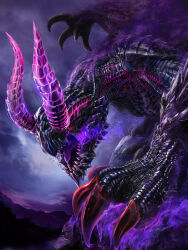 claws dragon dragon_horns dragon_wings fantasy glowing gore_magala highres horns kurotokusa monster monster_focus monster_hunter_(series) no_humans open_mouth scales sharp_teeth teeth wings