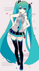 Rule 34 | 1girl, absurdly long hair, aqua eyes, aqua hair, aqua necktie, black footwear, black skirt, boots, collared shirt, full body, grey shirt, hands on own hips, hatsune miku, highres, long hair, looking at viewer, machigami yoh, microphone, necktie, pleated skirt, shirt, skirt, sleeveless, sleeveless shirt, smile, solo, standing, thigh boots, twintails, very long hair, vocaloid