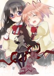 Rule 34 | 10s, 2girls, :d, akemi homura, blush, braid, closed eyes, dual persona, glasses, hand on another&#039;s face, hand on own face, kaname madoka, kurot, laughing, magical girl, mahou shoujo madoka magica, mahou shoujo madoka magica (anime), multiple girls, open mouth, pantyhose, puffy sleeves, red-framed eyewear, school uniform, sitting, smile, spoilers, twin braids, twintails