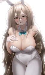 Rule 34 | 1girl, akane (blue archive), akane (bunny) (blue archive), animal ears, aqua bow, aqua bowtie, arm behind back, bare shoulders, blue archive, blush, bow, bowtie, breasts, brown shawl, cleavage, covered navel, detached collar, fake animal ears, glasses, habetto (jvzt7737), large breasts, leotard, light brown hair, long hair, looking at viewer, pantyhose, playboy bunny, rabbit ears, shawl, smile, solo, strapless, strapless leotard, very long hair, white leotard, white pantyhose, wrist cuffs