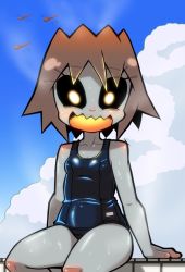 Rule 34 | 1girl, :d, arm support, black sclera, blush, borrowed character, brown hair, bug, cloud, colored sclera, colored skin, day, dragonfly, gradient hair, grey skin, insect, monster girl, multicolored hair, one-piece swimsuit, open mouth, original, personification, school swimsuit, shiny clothes, short hair, sitting, smile, solo, soxy, sweat, swimsuit, volcano, volcano (kusada)