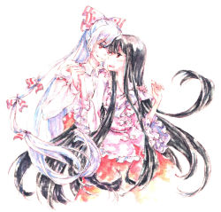 Rule 34 | 2girls, black hair, bow, eye contact, face-to-face, female focus, frilled sleeves, frills, fujiwara no mokou, hair bow, holding hands, highres, houraisan kaguya, long hair, long sleeves, looking at another, mochaaoi, multiple girls, nervous, painting (medium), red eyes, touhou, traditional media, watercolor (medium), white hair, wide sleeves, yuri
