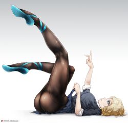 Rule 34 | 1girl, animification, artist name, ass, black leg garter, black shirt, blue eyes, blue footwear, blue skirt, breasts, commentary, from side, gwen stacy, highres, kilalesi, large breasts, lying, marvel, on back, pantyhose, pointing, pointing up, shirt, simple background, skirt, solo, spider-gwen, spider-man: into the spider-verse, spider-man (series), spider-verse, white background