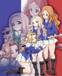 Rule 34 | 3girls, absurdres, bc freedom military uniform, black footwear, black ribbon, blonde hair, blue eyes, blue jacket, blue vest, boots, closed mouth, commentary, dress shirt, drill hair, flag background, folding fan, french flag, girls und panzer, green eyes, hair ribbon, halftone, hand fan, hand on another&#039;s head, hat, high collar, highres, holding, holding fan, hug, isabe (girls und panzer), jacket, knee boots, kneeling, leg grab, long hair, long sleeves, looking at another, low-tied long hair, marie (girls und panzer), military, military uniform, miniskirt, multiple girls, off shoulder, one eye closed, orange hair, pleated skirt, ribbon, shirt, skirt, smile, sofue (girls und panzer), standing, uniform, vest, wavy hair, white shirt, white skirt, yoyokkun, zoom layer