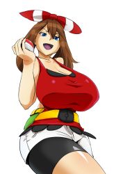 Rule 34 | &gt;:d, 10s, 1girl, :d, alternate breast size, bandana, bare shoulders, belt, bike shorts, bike shorts under skirt, blue eyes, breasts, brown hair, cleavage, creatures (company), curvy, game freak, gigantic breasts, hair ribbon, holding, holding poke ball, huge breasts, may (pokemon), may (pokemon oras), maydrawfag, nintendo, open mouth, poke ball, pokemon, pokemon oras, ribbon, sagging breasts, short hair, shorts, shorts under skirt, smile, smug, solo, thick thighs, thighs, tongue, transparent background, twintails, v-shaped eyebrows, wide hips