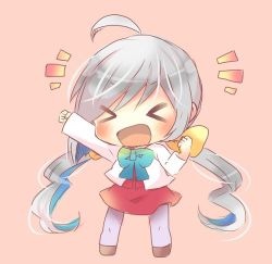 Rule 34 | &gt; &lt;, 10s, 1girl, alternate costume, blazer, bow, bowtie, chibi, closed eyes, full body, grey eyes, grey hair, grey pantyhose, jacket, kantai collection, kiyoshimo (kancolle), kou hiyoyo, long hair, low twintails, lowres, open mouth, pantyhose, pink background, raised fist, school swimsuit, simple background, solo, standing, swept bangs, swimsuit, twintails