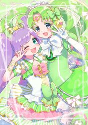 Rule 34 | 2girls, :d, ;d, ahoge, blue eyes, blush, bow, colored eyelashes, cowboy shot, detached sleeves, dress, elbow gloves, falulu, falulu (awakened), forehead jewel, gloves, green bow, green dress, green hair, grey eyes, hair bow, hand up, headphones, highres, idol clothes, idol land pripara, jinno (jin c kkry), layered dress, long hair, looking at viewer, manaka laala, multiple girls, one eye closed, open mouth, parted bangs, power symbol, pretty series, pripara, puffy detached sleeves, puffy sleeves, purple hair, sidelocks, sleeveless, sleeveless dress, smile, standing, tiara, treble clef, twintails, v, very long hair, white gloves