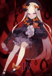 Rule 34 | 1girl, abigail williams (fate), artist name, black bow, black dress, black footwear, black hat, blonde hair, bloomers, bow, bug, butterfly, dress, fate/grand order, fate (series), glowing, glowing eyes, hair bow, hands in opposite sleeves, hat, highres, hugging object, insect, long hair, long sleeves, looking at viewer, noose, orange bow, parted bangs, polka dot, polka dot bow, purple eyes, red background, roman numeral, shoes, signature, solo, stuffed animal, stuffed toy, teddy bear, underwear, usuke (u skeeep), very long hair, white bloomers