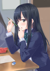 Rule 34 | 1girl, absurdres, black hair, blazer, blue jacket, blurry, blurry background, bow, bowtie, depth of field, desk, eraser, from side, green bow, green neckwear, grey eyes, hand on own chin, head rest, highres, holding, holding pencil, jacket, lipstick, long hair, long sleeves, looking at viewer, looking to the side, makeup, original, pencil, pencil case, pink lips, school desk, school uniform, sideways mouth, sitting, solo focus, striped bow, striped bowtie, striped clothes, striped neckwear, stroking own chin, unasaka ryou