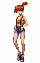 Rule 34 | 1girl, :o, alternate color, blue eyes, blue shorts, breasts, contrapposto, creatures (company), crop top, crop top overhang, denim, denim shorts, game freak, highres, jungon kim, looking to the side, medium breasts, midriff, misty (pokemon), navel, nintendo, orange hair, pokemon, pokemon (anime), pokemon (classic anime), ponytail, shiny skin, shirt, shoes, shorts, simple background, sneakers, solo, standing, standing on one leg, stomach, suspenders, thumbs in pockets, white background, yellow shirt