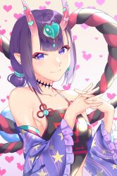 Rule 34 | 1girl, akapug621, bad id, bad pixiv id, blunt bangs, breasts, chinese clothes, choker, dudou, earrings, fate/grand order, fate (series), frilled sleeves, frills, hair ornament, heart, heart hair ornament, horns, interlocked fingers, jewelry, long sleeves, looking at viewer, own hands together, pointy ears, print sleeves, purple eyes, purple hair, rock, short hair, shuten douji (fate), shuten douji (fate/grand order), shuten douji (halloween caster) (fate), sideboob, small breasts, smile, solo, star (symbol), star print, upper body