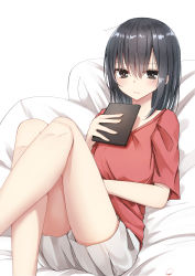 Rule 34 | 1girl, amputee, bed sheet, black hair, blush, brown eyes, closed mouth, commentary request, grey shorts, hair between eyes, hand up, highres, holding, looking at viewer, lying, on back, original, pillow, piripun, red shirt, shirt, short shorts, short sleeves, shorts, signature, solo, white background