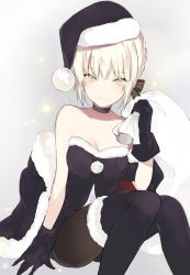 Rule 34 | 1girl, artoria pendragon (all), artoria pendragon (fate), bare shoulders, black gloves, black pantyhose, blonde hair, boots, breasts, cleavage, fate/grand order, fate/stay night, fate (series), gloves, hat, looking at viewer, lpip, pantyhose, saber (fate), saber alter, sack, santa alter, santa hat, simple background, sitting, sleeveless, solo, thigh boots, thighhighs, yellow eyes