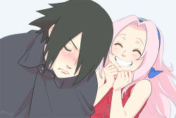 Rule 34 | 1boy, 1girl, bare shoulders, blue background, blush, clenched hands, cloak, closed eyes, forehead protector, grin, hair over one eye, haruno sakura, lips, long hair, naruto, naruto (series), pale skin, pink hair, risuo, simple background, smile, time paradox, twitter username, uchiha sasuke, upper body