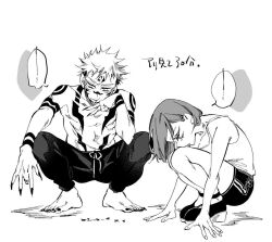 Rule 34 | 1boy, 1girl, ant, arm tattoo, bad id, bad twitter id, black nails, black pants, bug, character profile, chest tattoo, eyelashes, facial tattoo, forehead tattoo, greyscale, hands on ground, insect, jujutsu kaisen, kugisaki nobara, looking down, monochrome, nail, no shoes, pants, profile, ryoumen sukuna (jujutsu kaisen), shirt, shoes, short hair, shorts, shoulder tattoo, simple background, spiked hair, squatting, tank top, tattoo, topless male, translation request, white background, white shirt, wl6yugi8go1