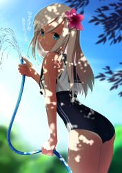 Rule 34 | 1girl, ass, blonde hair, blue eyes, commentary request, cowboy shot, crop top, dappled sunlight, flower, hair flower, hair ornament, highres, holding, holding hose, hose, kantai collection, leaning forward, long hair, looking at viewer, nontraditional school swimsuit, one-piece swimsuit, one-piece tan, outdoors, puriketsu corgy, ro-500 (kancolle), sailor collar, school swimsuit, school uniform, serafuku, smile, solo, sunlight, swimsuit, swimsuit under clothes, tan, tanline, translated, water, wet
