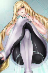 Rule 34 | 1girl, ass, bare shoulders, blonde hair, blush, breasts, creatures (company), crossed legs, dress, eyes visible through hair, from below, game freak, green eyes, green nails, hair over one eye, highres, hikari (komitiookami), legs, long hair, looking at viewer, looking down, lusamine (pokemon), md5 mismatch, nail polish, nintendo, open mouth, own hands together, pokemon, pokemon sm, resolution mismatch, short dress, sitting, smile, solo, source smaller, teeth, thighs, upper teeth only, very long hair, white dress